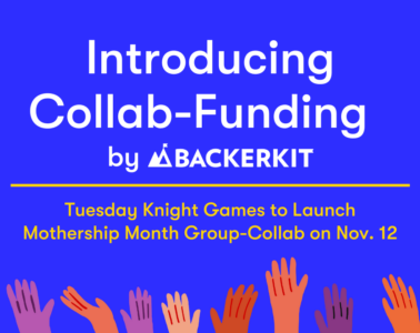 Blog post banner image displaying the title, "Introducing Collab-Funding by BackerKit. Tuesday Knight Games to Launch Mothership Month Group-Collab on Nov. 12