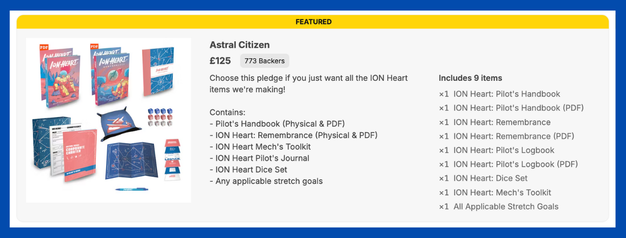 Screenshot of a BackerKit campaign's pledge tier and the items included within it, showcasing how BackerKit Itemization helps clearly convey the contents of each pledge tier 