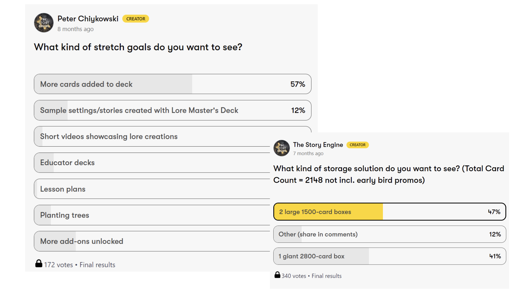 Two polls that were shared by the Story Engine during the Lore Masters Deck, one asking about stretch goals and the other asking about storage solutions