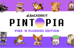 Pintopia banner with pins and plushie characters