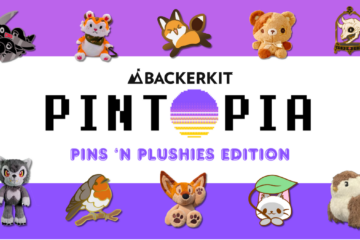 Pintopia banner with pins and plushie characters